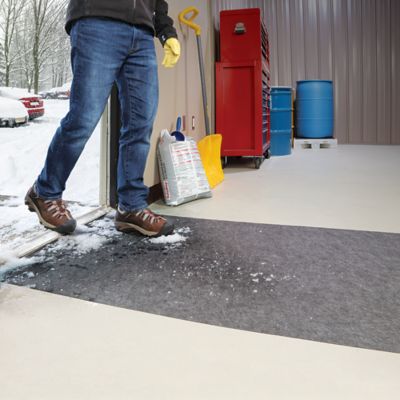 Person walking in entrance, stepping onto Grippy Mat with snow on the ground and boots